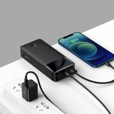 PowerBank 30000MAH 15W Divpusēji + USB 4W1 Microusb / Lightning / 2x USB-C kabelis 1.2m Black