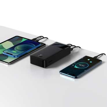 PowerBank 30000MAH 15W Divpusēji + USB 4W1 Microusb / Lightning / 2x USB-C kabelis 1.2m Black