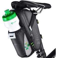 Bolsa de bicicleta impermeável em uma ferramenta de sela com um bolso de garrafa preta