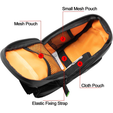 Bolsa de bicicleta impermeável em uma ferramenta de sela com um bolso de garrafa preta