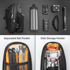 Bolsa de bicicleta impermeável em uma ferramenta de sela com um bolso de garrafa preta