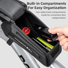 Saco de bicicleta no quadro com tampa para telefone impermeável preto