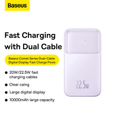 PowerBank s displejom 10000MAH 22,5W + USB-A / USB-C kábel fialová