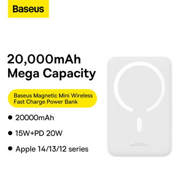 PowerBank magnētiskais mini 20000 mAh 20W + USB-C kabelis balts