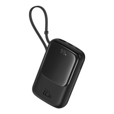 PowerBank QPow Pro + 10000mAh su USB-C kabeliu ir ekranu - juoda