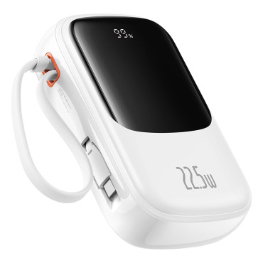 PowerBank QPow Pro + 20000mAh ar USB-C kabeli un displejs - balts