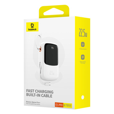 PowerBank QPow Pro + 20000mAh ar USB-C kabeli un displejs - balts