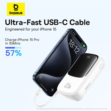 PowerBank QPow Pro + 20000mAh ar USB-C kabeli un displejs - balts