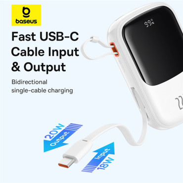 PowerBank QPow Pro + 20000mAh ar USB-C kabeli un displejs - balts