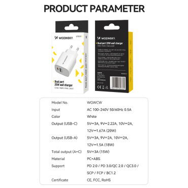 20W USB-en USB-C 100-240V hvit lader