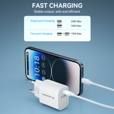 20W USB-A USB-C 100-240V Vit laddare