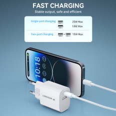20W USB-A USB-C 100-240V Vit laddare