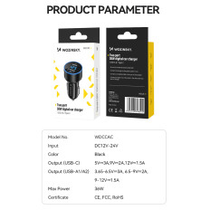 Avtomobilski polnilnik za USB-C USB-A 36W Črni vžigalnik