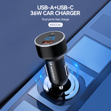Avtomobilski polnilnik za USB-C USB-A 36W Črni vžigalnik
