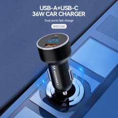 Avtomobilski polnilnik za USB-C USB-A 36W Črni vžigalnik