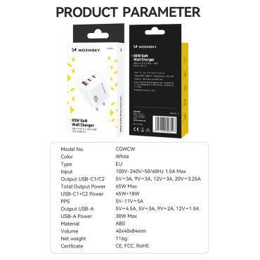 GAN 65W 100-240V USB-A 2X USB-C Baltā nodaļa