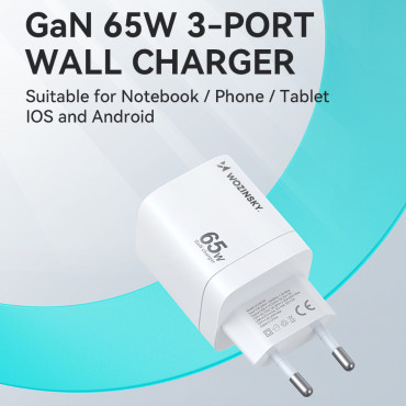 GAN 65W 100-240V USB-A 2X USB-C Baltā nodaļa