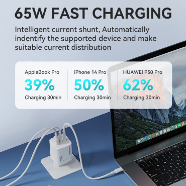 GAN 65W 100-240V USB-A 2x USB-C λευκό κεφάλαιο USB-C