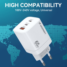 GAN 65W 100-240V USB-A 2x USB-C valkoinen luku