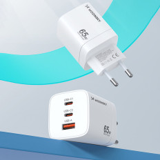GAN 65W 100-240V USB-A 2X USB-C Vit kapitel