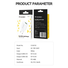 Tīkla lādētājs 100-240V 30W 2.4A 2x USB-balts