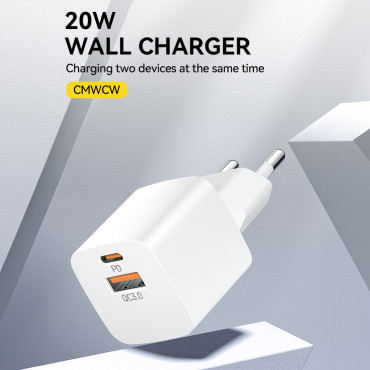 PD QC 3.0 100-240V 20W USB-C USB-A bianco