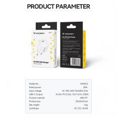 Um carregador de rede 100-240V PD USB-C 20W Branco
