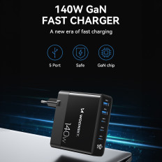 Nätverksladdare 100-240V GAN 140W 3x USB-C / 2X USB-A Black