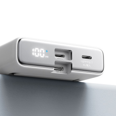 PowerBank magnētiskais 10000mAh 20W ar Statīvu + zibens kabeli - USB-C balts