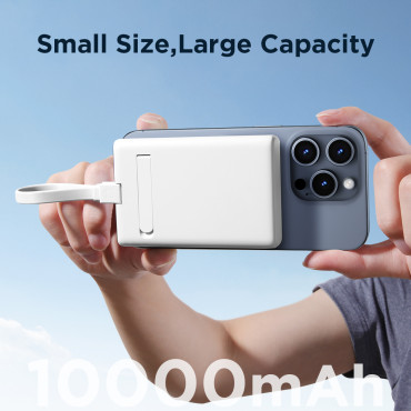 PowerBank magnētiskais 10000mAh 20W ar Statīvu + zibens kabeli - USB-C balts