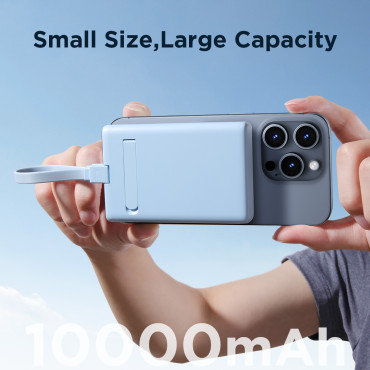 PowerBank magnētiskais 10000mAh 20W ar Statīvu + zibens kabeli - USB-C Zils
