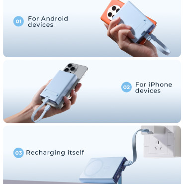 Powerbank Magnetic 10000mAh 20W with stand + Lightning cable - USB-C blue