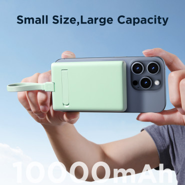 PowerBank magnētiskais 10000mAh 20W ar Statīvu + zibens kabeli - USB-C zaļš