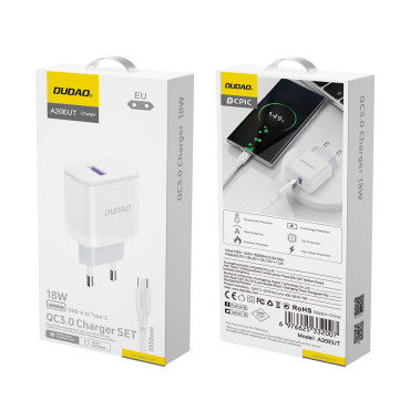 Carregador de rede USB-a com cabo USB-A - USB-C branco