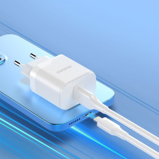 Cargador de red USB-A con cable USB-A - USB-C blanco