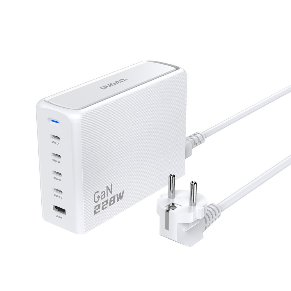 Hálózati rakodó GAN 1x USB-A 4X USB-C PD 228W kábellel 1.5m Fehér