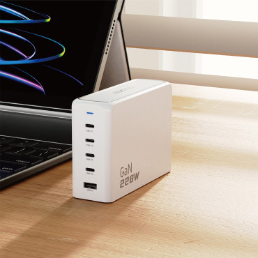Tinklo krautuvas GAN 1X USB-A 4X USB-C PD 228W su kabeliu 1.5m Balta