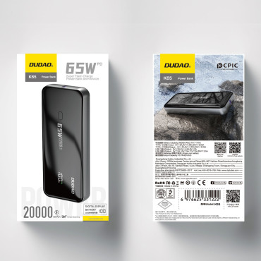POWERBANK 20000MAH 65W 1X USB-C 2X USB-A su ekranu juoda