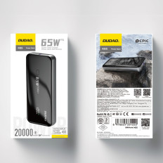 POWERBANK 20000MAH 65W 1X USB-C 2X USB-A su ekranu juoda