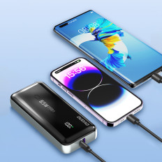 POWERBANK 20000MAH 65W 1X USB-C 2X USB-A su ekranu juoda