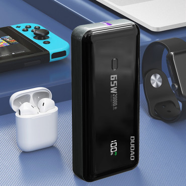POWERBANK 20000MAH 65W 1X USB-C 2X USB-A su ekranu juoda