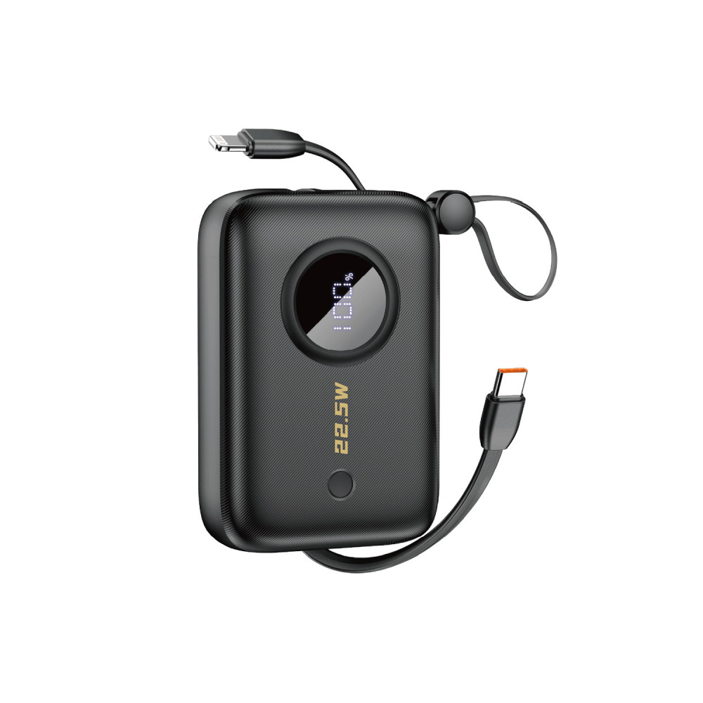 PowerBank 10000mAh ar USB-C / Zibens kabeļi melni