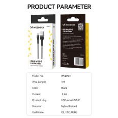 Kabeļu kabelis USB-patversmē - USB-C 2.4A 2m melns