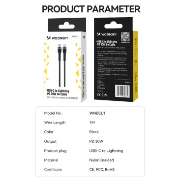 Kabeltråd for iPhone USB-C - Lightning PD 30W 1M Svart