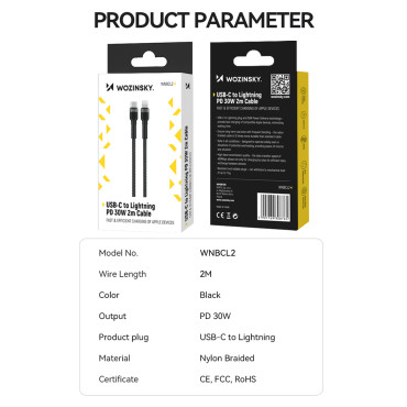 Káblový vodič pre iPhone USB-C - Lightning PD 30W 2M ČIERNY