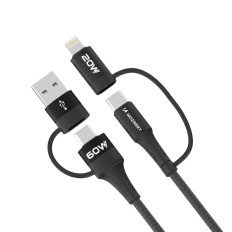 4in1 Universele kabel 2x USB-C 1X USB-A 1X Lightning 60W 1M Zwart
