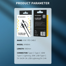 4in1 cabo universal 2x USB-C 1X USB-A 1x Relâmpago 60W 1M Preto