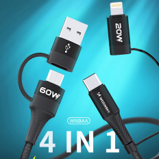 4In1 Universal Cable 2x USB-C 1X USB-A 1X Lightning 60W 1M Svart