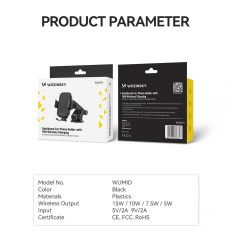 Τηλεφωνική λαβή με φορτωτή επαγωγής 15W σε ένα μαύρο ταμπλό αυτοκινήτου