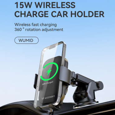 Telefonhandtag med en 15W induktionslastare på en svart bil instrumentbräda